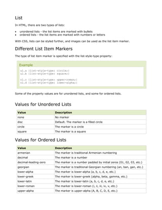 List
In HTML, there are two types of lists:

•    unordered lists - the list items are marked with bullets
•    ordered lists - the list items are marked with numbers or letters

With CSS, lists can be styled further, and images can be used as the list item marker.


Different List Item Markers
The type of list item marker is specified with the list-style-type property:


     Example
      ul.a {list-style-type: circle;}
      ul.b {list-style-type: square;}

      ol.c {list-style-type: upper-roman;}
      ol.d {list-style-type: lower-alpha;}



Some of the property values are for unordered lists, and some for ordered lists.



Values for Unordered Lists
    Value                      Description
    none                       No marker
    disc                       Default. The marker is a filled circle
    circle                     The marker is a circle
    square                     The marker is a square


Values for Ordered Lists
    Value                      Description
    armenian                   The marker is traditional Armenian numbering
    decimal                    The marker is a number
    decimal-leading-zero       The marker is a number padded by initial zeros (01, 02, 03, etc.)
    georgian                   The marker is traditional Georgian numbering (an, ban, gan, etc.)
    lower-alpha                The marker is lower-alpha (a, b, c, d, e, etc.)
    lower-greek                The marker is lower-greek (alpha, beta, gamma, etc.)
    lower-latin                The marker is lower-latin (a, b, c, d, e, etc.)
    lower-roman                The marker is lower-roman (i, ii, iii, iv, v, etc.)
    upper-alpha                The marker is upper-alpha (A, B, C, D, E, etc.)
 