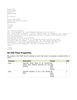 {
float:left;
width:160px;
margin:0;
padding:1em;
}
div.content
{
margin-left:190px;
border-left:1px solid gray;
padding:1em;
}
</style>
</head>
<body>

<div class="container">
<div class="header"><h1 class="header">W3Schools.com</h1></div>
<div class="left"><p>"Never increase, beyond what is necessary, the number                  of
entities required to explain anything." William of Ockham (1285-1349)</p></div>
<div class="content">
<h2>Free Web Building Tutorials</h2>
<p>At W3Schools you will find all the Web-building tutorials you need,
from basic HTML and XHTML to advanced XML, XSL, Multimedia and WAP.</p>
<p>W3Schools - The Largest Web Developers Site On The Net!</p></div>
<div class="footer">Copyright 1999-2005 by Refsnes Data.</div>
</div>

</body>
</html>

All CSS Float Properties
The number in the "CSS" column indicates in which CSS version the property is defined (CSS1 or
CSS2).

 Property              Description                              Values                  CSS
 clear                 Specifies which sides of an element left                         1
                       where other floating elements are not right
                       allowed                               both
                                                             none
                                                             inherit
 float                 Specifies whether or not a box should left                       1
                       float                                 right
                                                             none
                                                             inherit
 