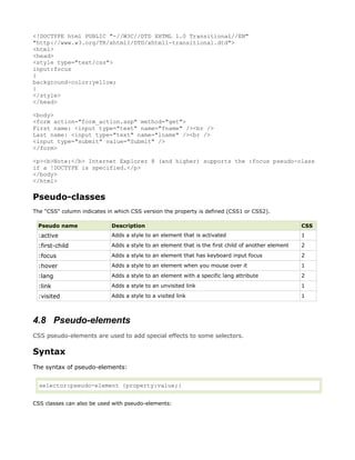 <!DOCTYPE html PUBLIC "-//W3C//DTD XHTML 1.0 Transitional//EN"
"http://www.w3.org/TR/xhtml1/DTD/xhtml1-transitional.dtd">
<html>
<head>
<style type="text/css">
input:focus
{
background-color:yellow;
}
</style>
</head>

<body>
<form action="form_action.asp" method="get">
First name: <input type="text" name="fname" /><br />
Last name: <input type="text" name="lname" /><br />
<input type="submit" value="Submit" />
</form>

<p><b>Note:</b> Internet Explorer 8 (and higher) supports the :focus pseudo-class
if a !DOCTYPE is specified.</p>
</body>
</html>

Pseudo-classes
The "CSS" column indicates in which CSS version the property is defined (CSS1 or CSS2).

 Pseudo name                Description                                                             CSS
 :active                    Adds a style to an element that is activated                            1

 :first-child               Adds a style to an element that is the first child of another element   2

 :focus                     Adds a style to an element that has keyboard input focus                2

 :hover                     Adds a style to an element when you mouse over it                       1

 :lang                      Adds a style to an element with a specific lang attribute               2

 :link                      Adds a style to an unvisited link                                       1

 :visited                   Adds a style to a visited link                                          1



4.8 Pseudo-elements
CSS pseudo-elements are used to add special effects to some selectors.

Syntax
The syntax of pseudo-elements:


  selector:pseudo-element {property:value;}


CSS classes can also be used with pseudo-elements:
 