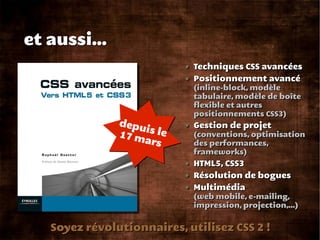 et aussi...
                            Techniques CSS avancées
                            Positionnement avancé
                            (inline-block, modèle
                            tabulaire, modèle de boîte
                            flexible et autres
                            positionnements CSS3)
               depu         Gestion de projet
                    is le
               17 m         (conventions, optimisation
                    ars     des performances,
                            frameworks)
                            HTML5, CSS3
                            Résolution de bogues
                            Multimédia
                            (web mobile, e-mailing,
                            impression, projection,...)


   Soyez révolutionnaires, utilisez CSS 2 !
 