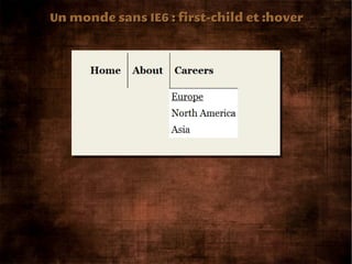 Un monde sans IE6 : first-child et :hover
 