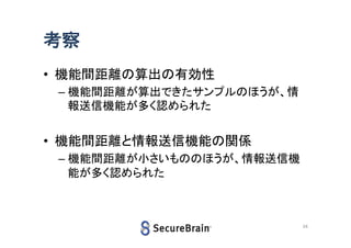 考察
• 機能間距離の算出の有効性
– 機能間距離が算出できたサンプルのほうが、情
報送信機能が多く認められた

• 機能間距離と情報送信機能の関係
– 機能間距離が小さいもののほうが、情報送信機
能が多く認められた

34

 