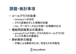 課題・検討事項
• コールグラフの改善
– Interfaceへの対応
– クラス変数を介した情報の伝播
– File、データベースなど外部への情報の出力

• 機能間距離算出の最適化
– privateメソッドや同一クラス内のコールグラフの
エッジの重みの最適化

• 静的解析の精度
– 手動による解析のため、判定ミスの可能性
35

 