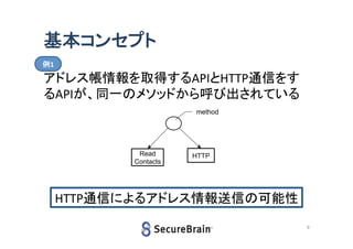 基本コンセプト
例1

アドレス帳情報を取得するAPIとHTTP通信をす
るAPIが、同一のメソッドから呼び出されている
method

Read
Contacts

HTTP

HTTP通信によるアドレス情報送信の可能性
9

 