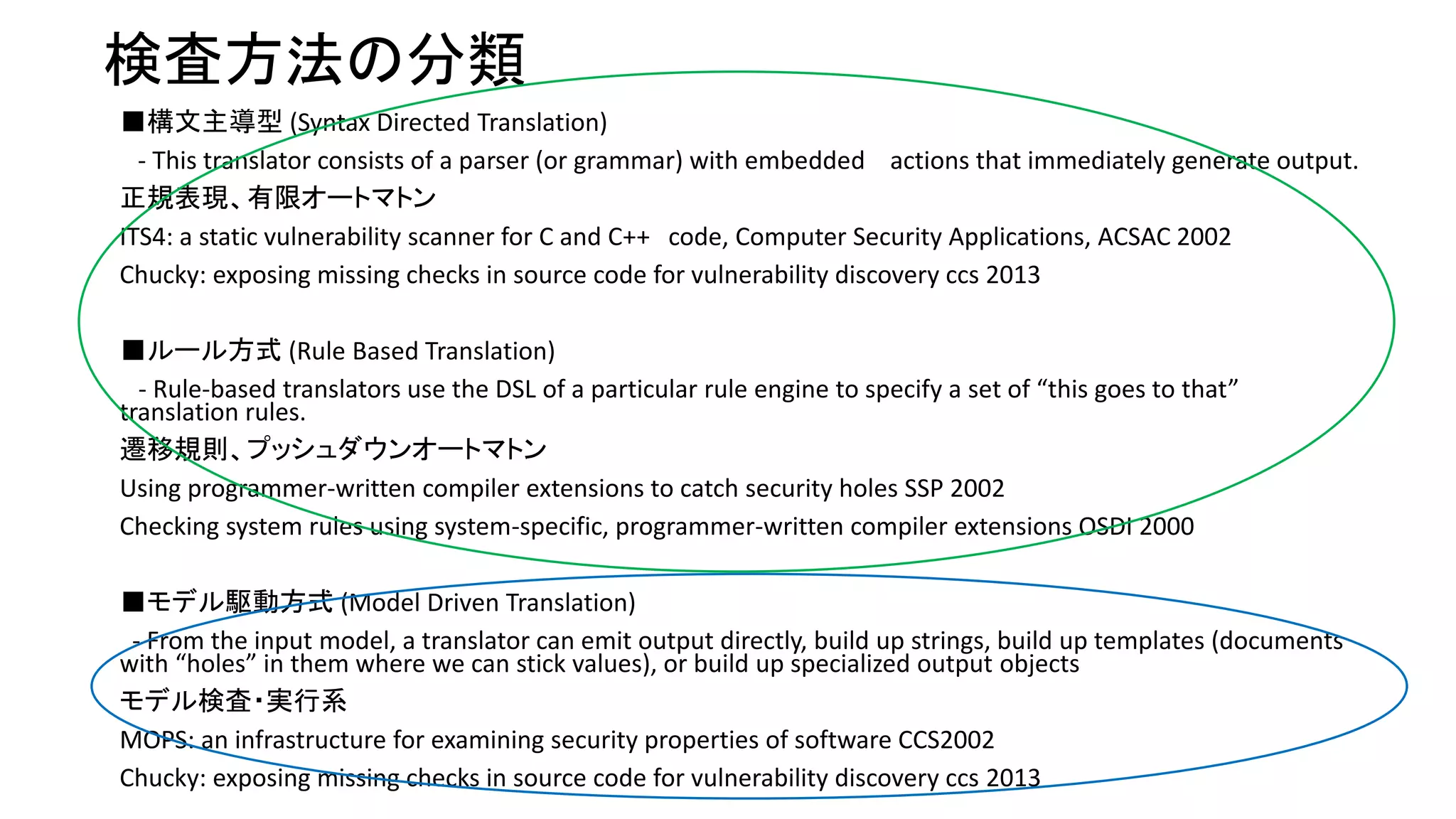 検査方法の分類 
■構文主導型(Syntax Directed Translation) 
- This translator consists of a parser (or grammar) with embedded actions that immediately generate output. 
正規表現、有限オートマトン 
ITS4: a static vulnerability scanner for C and C++ code, Computer Security Applications, ACSAC 2002 
Chucky: exposing missing checks in source code for vulnerability discovery ccs 2013 
■ルール方式(Rule Based Translation) 
- Rule-based translators use the DSL of a particular rule engine to specify a set of “this goes to that” 
translation rules. 
遷移規則、プッシュダウンオートマトン 
Using programmer-written compiler extensions to catch security holes SSP 2002 
Checking system rules using system-specific, programmer-written compiler extensions OSDI 2000 
■モデル駆動方式(Model Driven Translation) 
- From the input model, a translator can emit output directly, build up strings, build up templates (documents 
with “holes” in them where we can stick values), or build up specialized output objects 
モデル検査・実行系 
MOPS: an infrastructure for examining security properties of software CCS2002 
Chucky: exposing missing checks in source code for vulnerability discovery ccs 2013 
 