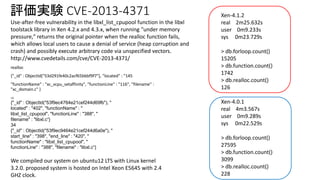 評価実験CVE-2013-4371 
realloc 
{"_id" : ObjectId("53d291fe40c2acf65bbbf9f7"), "located" : "145 
"functionName" : "xc_vcpu_setaffinity", "functionLine" : "116", "filename" : 
"xc_domain.c" } 
12 
{"_id" : ObjectId("53f9ec4764e21cef244d69fb"), " 
located" : "402", "functionName" : " 
libxl_list_cpupool", "functionLine" : "388", " 
filename" : "libxl.c“} 
34 
{"_id" : ObjectId("53f9ec9464e21cef244d6a0e"), " 
start_line" : "398", "end_line" : "420", " 
functionName" : "libxl_list_cpupool", " 
functionLine" : "388", "filename" : "libxl.c“} 
Xen-4.1.2 
real 2m25.632s 
user 0m9.233s 
sys 0m23.729s 
> db.forloop.count() 
15205 
> db.function.count() 
1742 
> db.realloc.count() 
126 
Xen-4.0.1 
real 4m3.567s 
user 0m9.289s 
sys 0m22.529s 
> db.forloop.count() 
27595 
> db.function.count() 
3099 
> db.realloc.count() 
228 
Use-after-free vulnerability in the libxl_list_cpupool function in the libxl 
toolstack library in Xen 4.2.x and 4.3.x, when running "under memory 
pressure," returns the original pointer when the realloc function fails, 
which allows local users to cause a denial of service (heap corruption and 
crash) and possibly execute arbitrary code via unspecified vectors. 
http://www.cvedetails.com/cve/CVE-2013-4371/ 
We compiled our system on ubuntu12 LTS with Linux kernel 
3.2.0. proposed system is hosted on Intel Xeon E5645 with 2.4 
GHZ clock. 
 