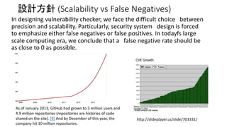 設計方針(Scalability vs False Negatives) 
In designing vulnerability checker, we face the difficult choice between 
precision and scalability. Particularly, security system design is forced 
to emphasize either false negatives or false positives. In todayfs large 
scale computing era, we conclude that a false negative rate should be 
as close to 0 as possible. 
As of January 2013, GitHub had grown to 3 million users and 
4.9 million repositories (repositories are histories of code 
shared on the site). [9] And by December of this year, the 
company hit 10 million repositories. 
http://slideplayer.us/slide/703331/ 
 