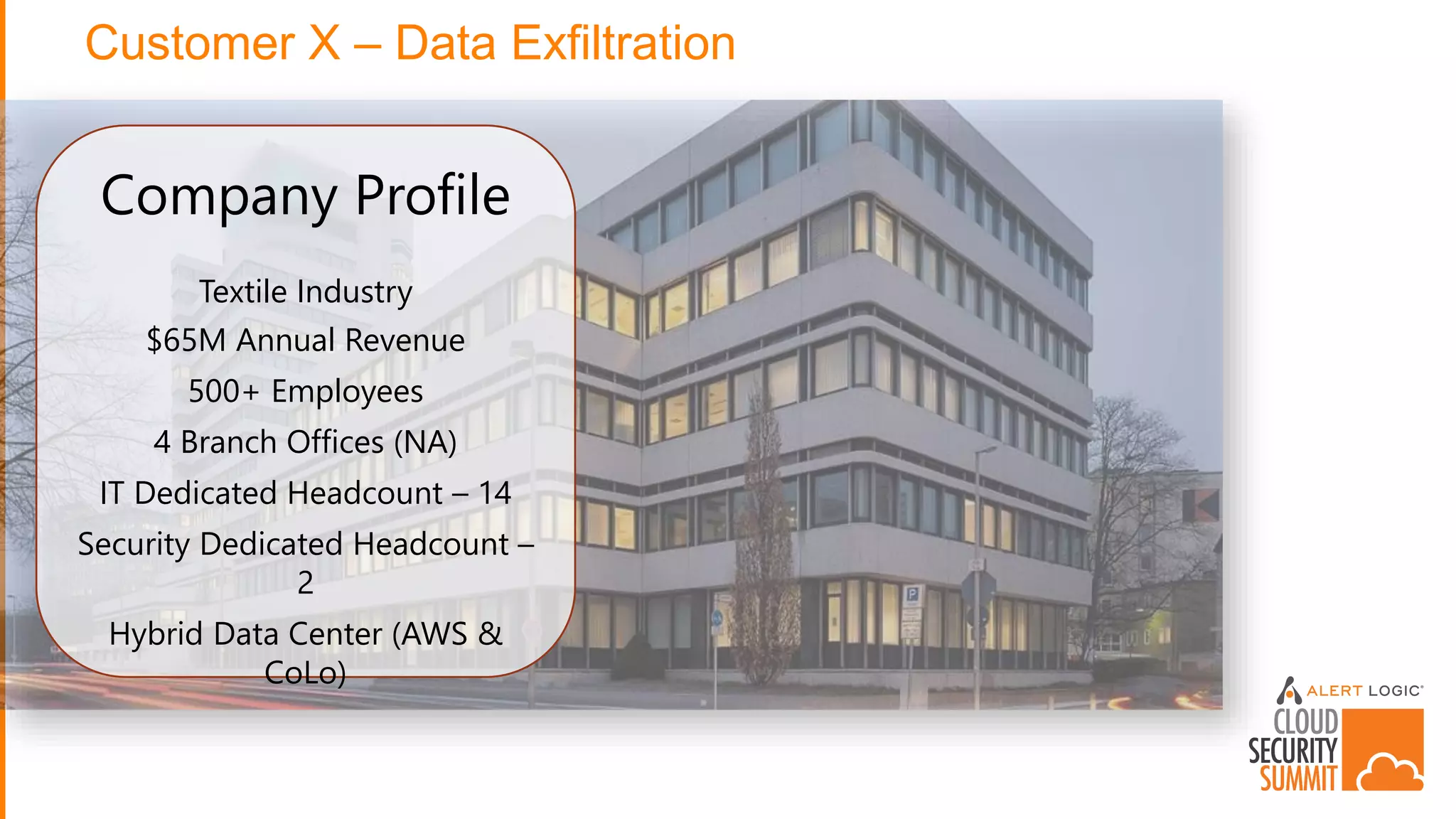 Customer X – Data Exfiltration
Company Profile
Textile Industry
$65M Annual Revenue
500+ Employees
4 Branch Offices (NA)
IT Dedicated Headcount – 14
Security Dedicated Headcount –
2
Hybrid Data Center (AWS &
CoLo)
 
