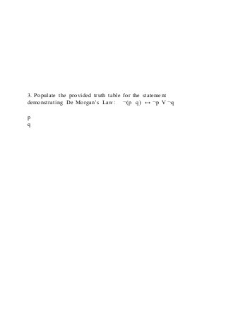 3. Populate the provided truth table for the statement
demonstrating De Morgan’s Law: ¬(p q) ↔ ¬p V ¬q
p
q
 