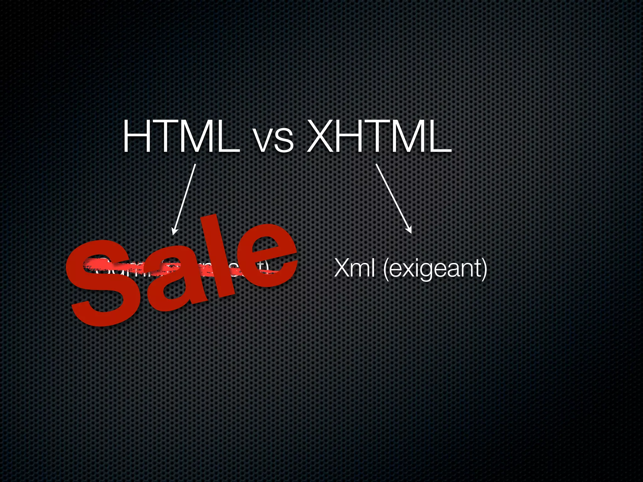 HTML vs XHTML



S a le
Sgml (permissif)   Xml (exigeant)
 