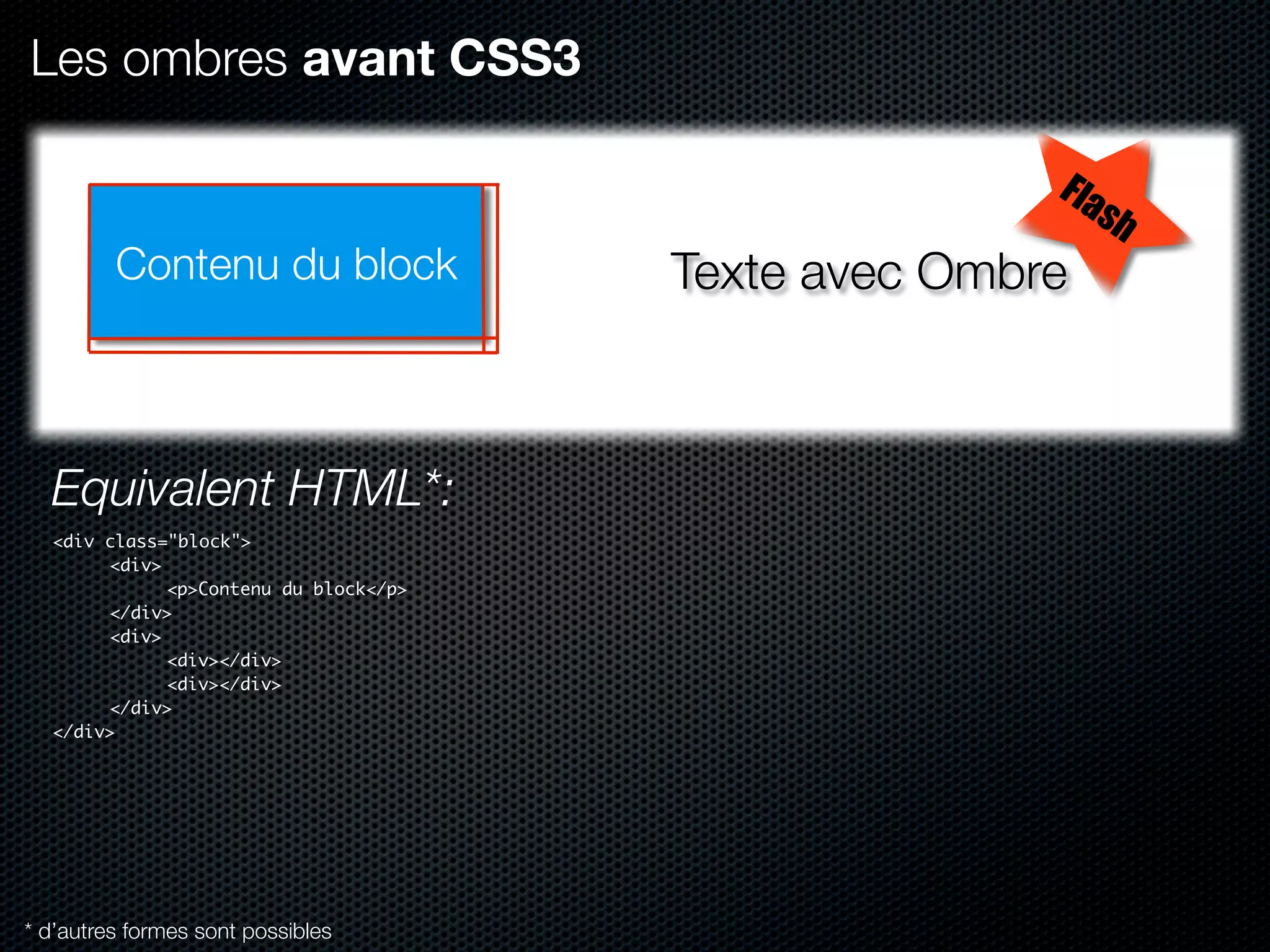 Les ombres avant CSS3

                                                      Fla
                                                         sh
         Contenu du block              Texte avec Ombre



  Equivalent HTML*:
  <div class="block">
  	    <div>
  	    	     <p>Contenu du block</p>
  	    </div>
  	    <div>
  	    	     <div></div>
  	    	     <div></div>
  	    </div>
  </div>




* d’autres formes sont possibles
 
