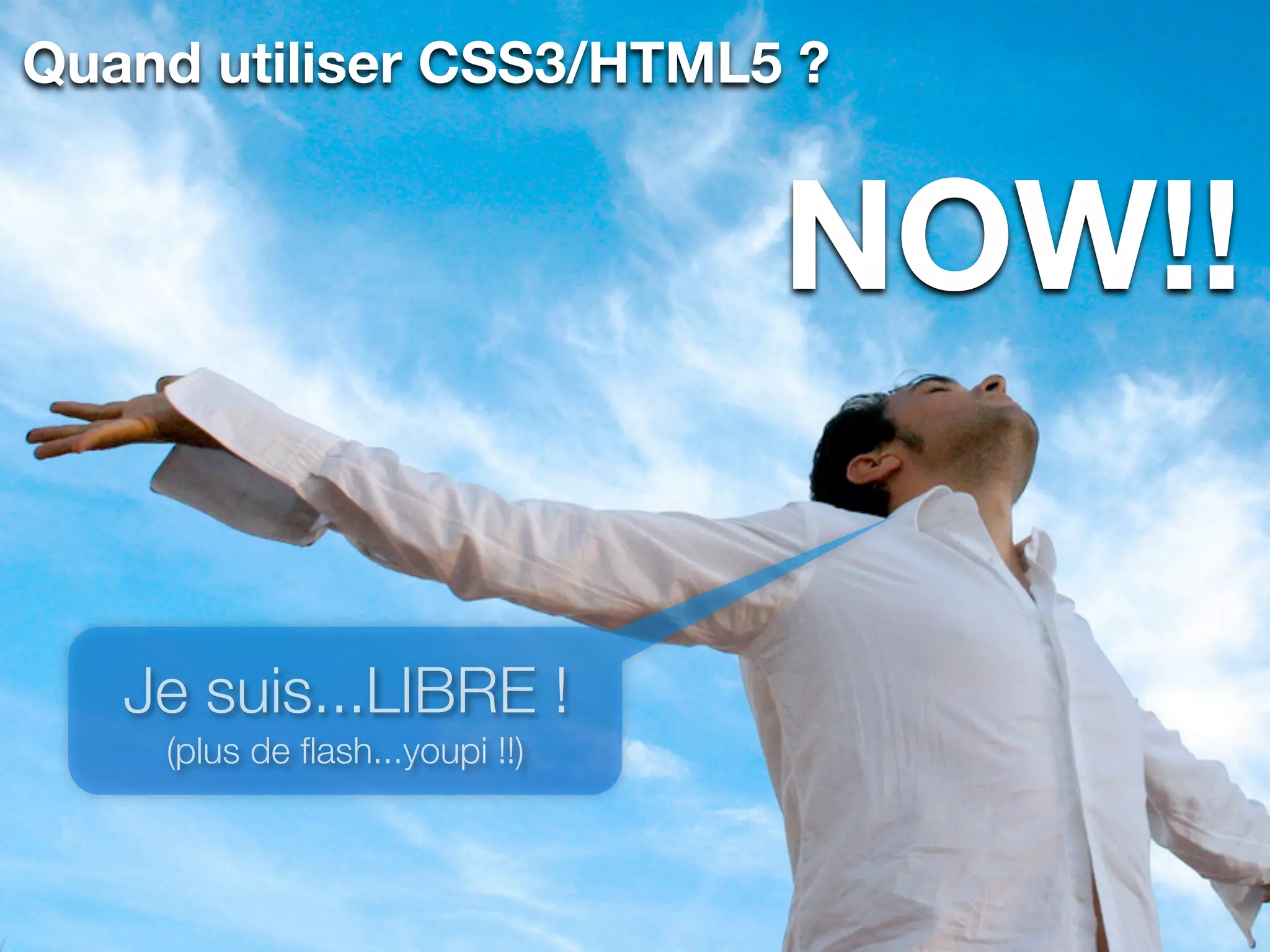 Quand utiliser CSS3/HTML5 ?


                                NOW!!

   Je suis...LIBRE !
    (plus de ﬂash...youpi !!)
 