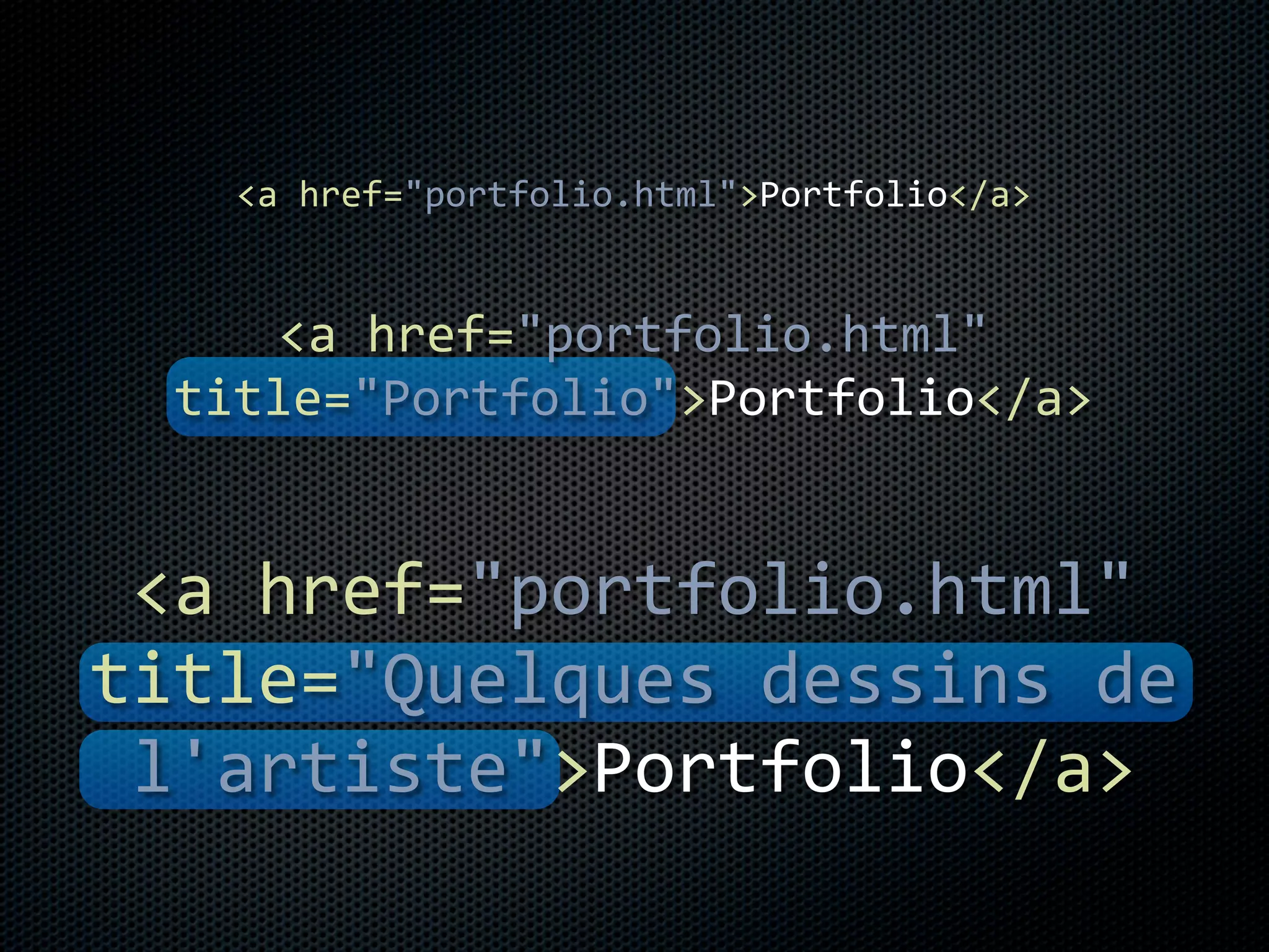 <a	
  href="portfolio.html">Portfolio</a>


      <a	
  href="portfolio.html"	
  
  title="Portfolio">Portfolio</a>


 <a	
  href="portfolio.html"	
  
title="Quelques	
  dessins	
  de	
  
 l'artiste">Portfolio</a>
 