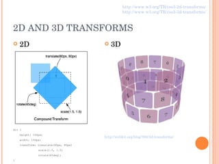 2D AND 3D TRANSFORMS 2D div { height: 100px;  width: 100px;  transform: translate(80px, 80px)    scale(1.5, 1.5)    rotate(45deg);  } 3D http://webkit.org/blog/386/3d-transforms/ http://www.w3.org/TR/css3-2d-transforms/ http://www.w3.org/TR/css3-3d-transforms/ 