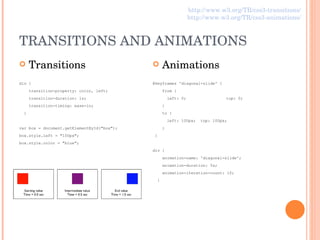 TRANSITIONS AND ANIMATIONS Transitions div { transition-property: color, left; transition-duration: 1s; transition-timing: ease-in; } var box = document.getElementById("box"); box.style.left = "100px"; box.style.color = "blue"; Animations @keyframes 'diagonal-slide' { from { left: 0;   top: 0; } to { left: 100px;  top: 100px; } } div { animation-name: 'diagonal-slide'; animation-duration: 5s; animation-iteration-count: 10; } http://www.w3.org/TR/css3-transitions/ http://www.w3.org/TR/css3-animations/ 