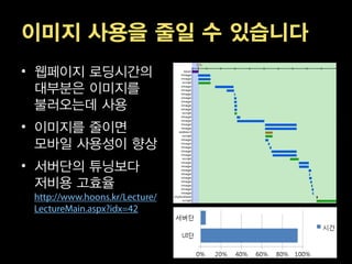 이미지 사용을 줄일 수 있습니다
• 웹페이지 로딩시간의
  대부분은 이미지를
  불러오는데 사용
• 이미지를 줄이면
  모바일 사용성이 향상
• 서버단의 튜닝보다
  저비용 고효율
 