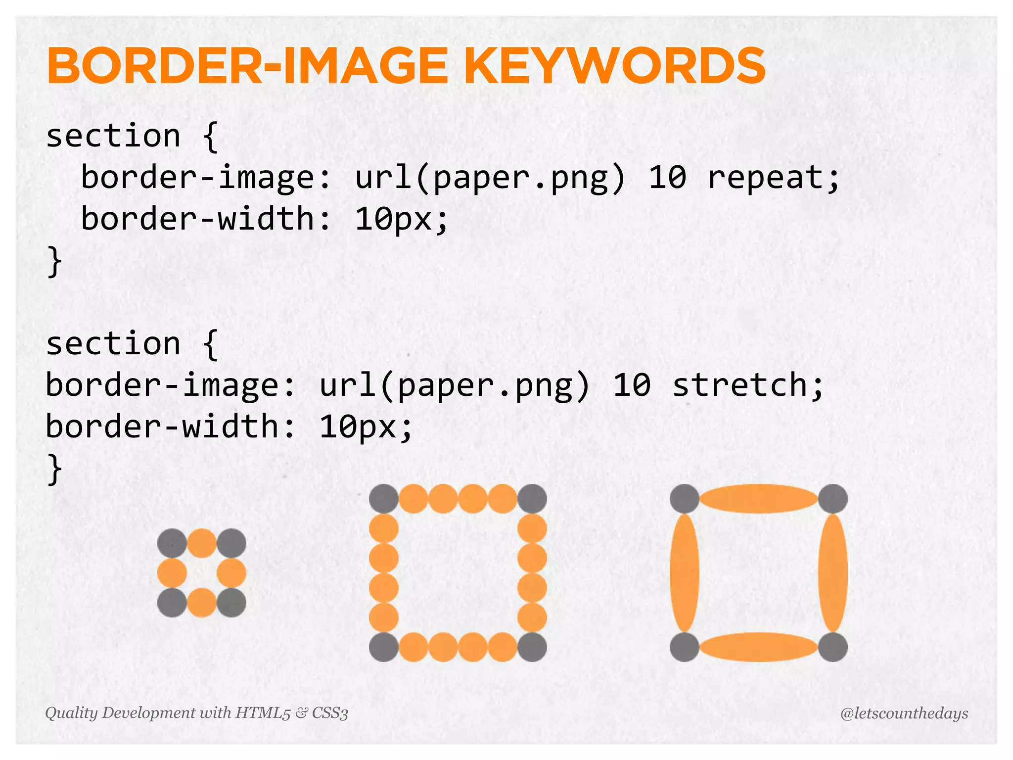BORDER-IMAGE KEYWORDS
section	
  {
  border-­‐image:	
  url(paper.png)	
  10	
  repeat;
  border-­‐width:	
  10px;
}

section	
  {
border-­‐image:	
  url(paper.png)	
  10	
  stretch;
border-­‐width:	
  10px;
}




Quality Development with HTML5 & CSS3                 @letscounthedays
 