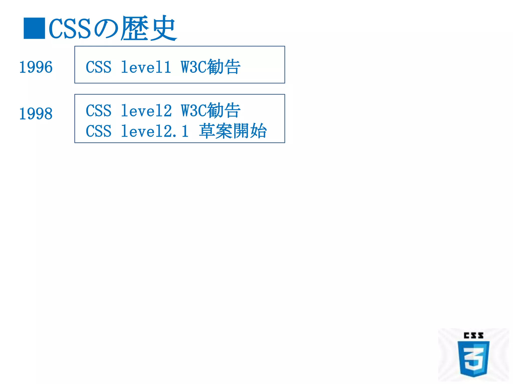 ■CSSの歴史
1996   CSS level1 W3C勧告

1998   CSS level2 W3C勧告
       CSS level2.1 草案開始
 