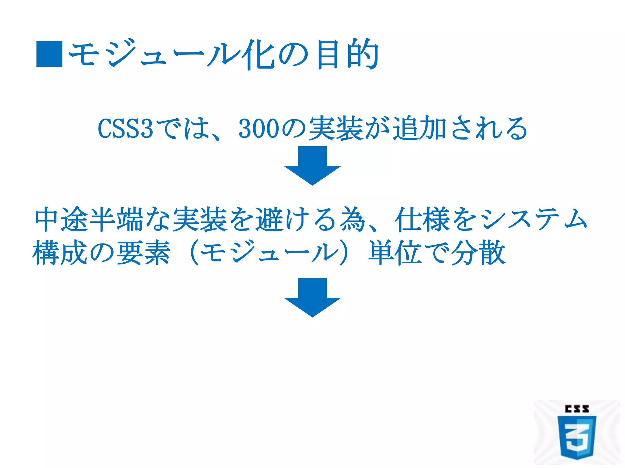 ■モジュール化の目的

  CSS3では、300の実装が追加される


中途半端な実装を避ける為、仕様をシステム
構成の要素（モジュール）単位で分散
 