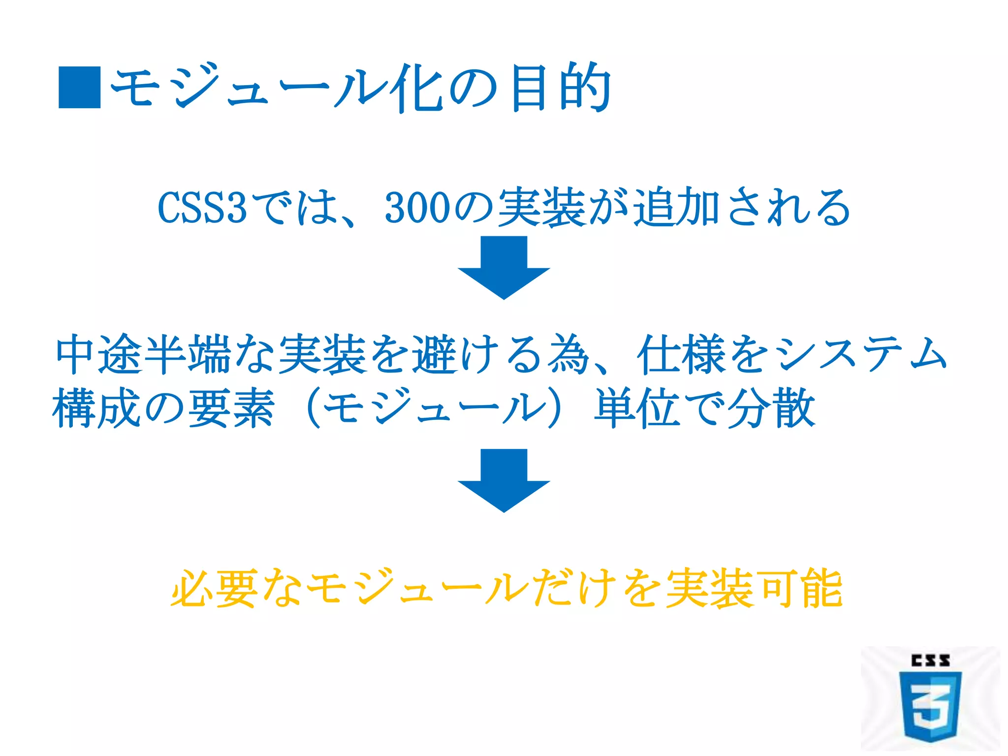 ■モジュール化の目的

  CSS3では、300の実装が追加される


中途半端な実装を避ける為、仕様をシステム
構成の要素（モジュール）単位で分散



  必要なモジュールだけを実装可能
 