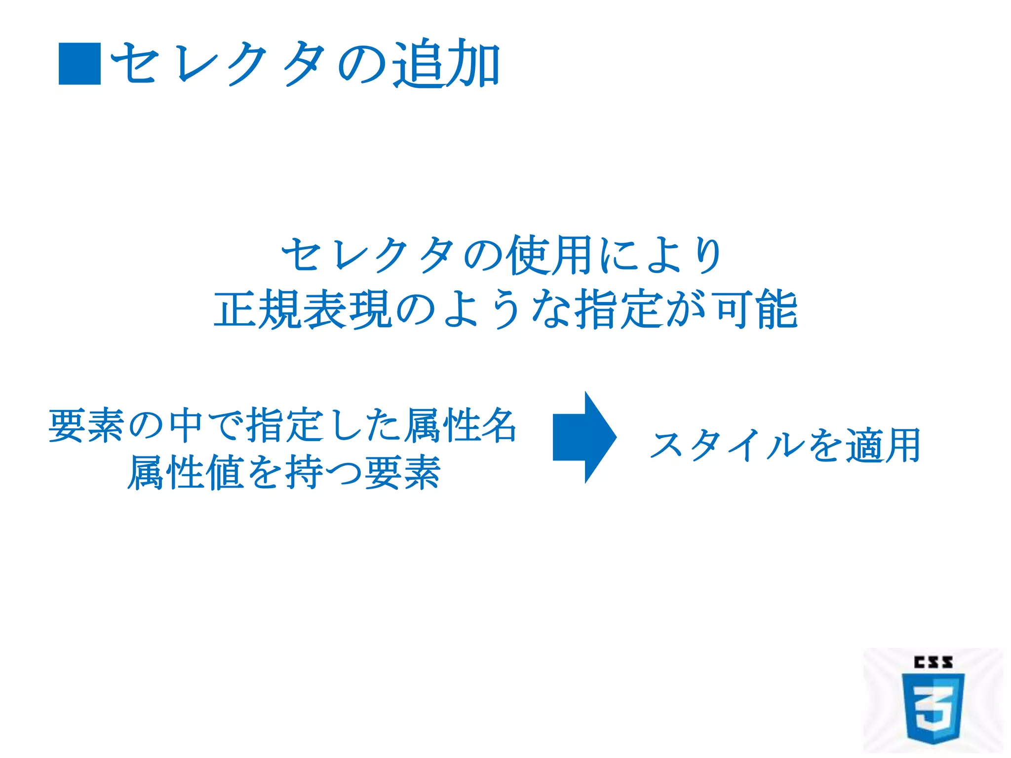 ■セレクタの追加


     セレクタの使用により
    正規表現のような指定が可能

要素の中で指定した属性名
               スタイルを適用
  属性値を持つ要素
 