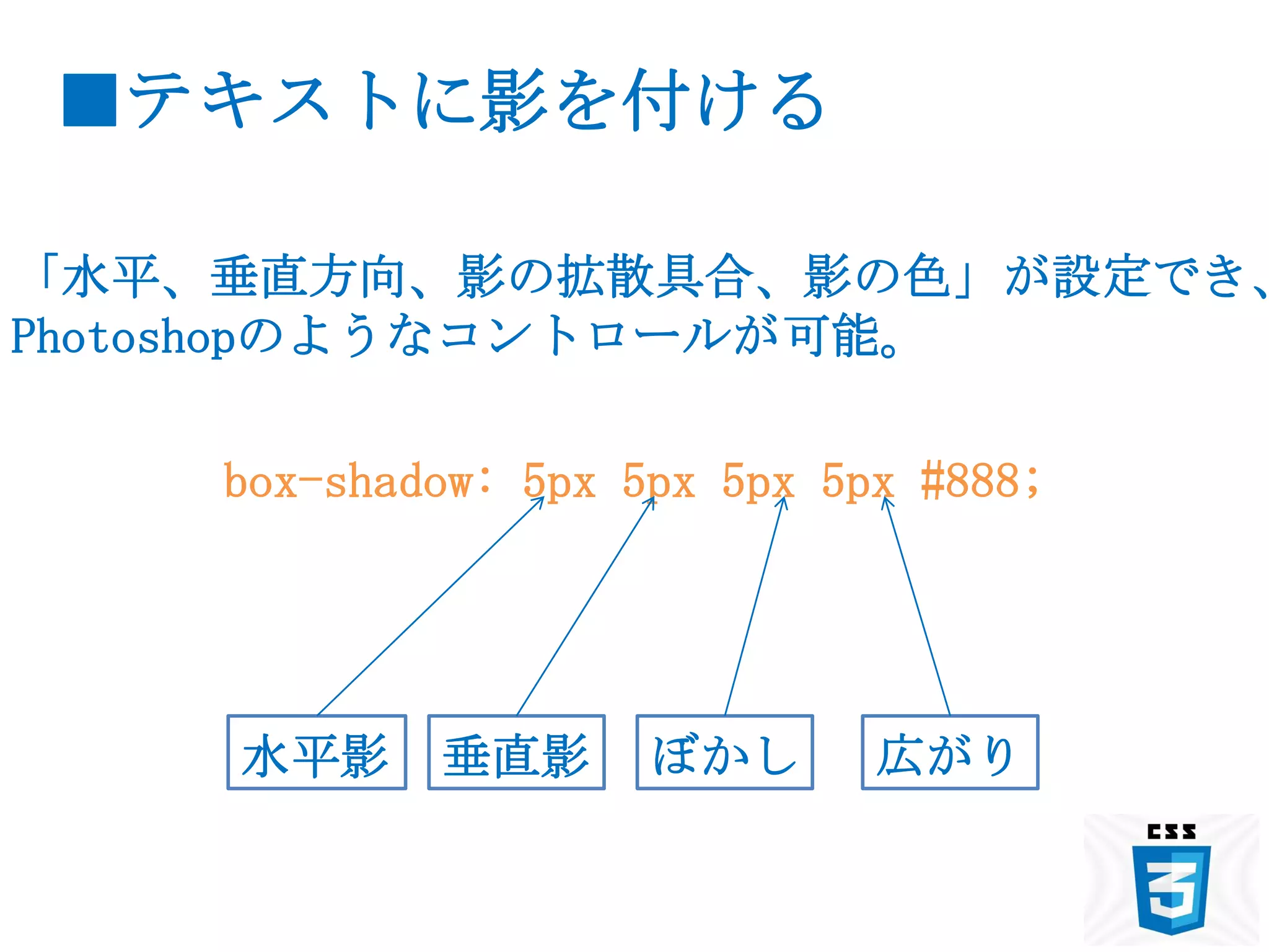 ■テキストに影を付ける

「水平、垂直方向、影の拡散具合、影の色」が設定でき、
Photoshopのようなコントロールが可能。

    box-shadow: 5px 5px 5px 5px #888;




    水平影     垂直影      ぼかし      広がり
 