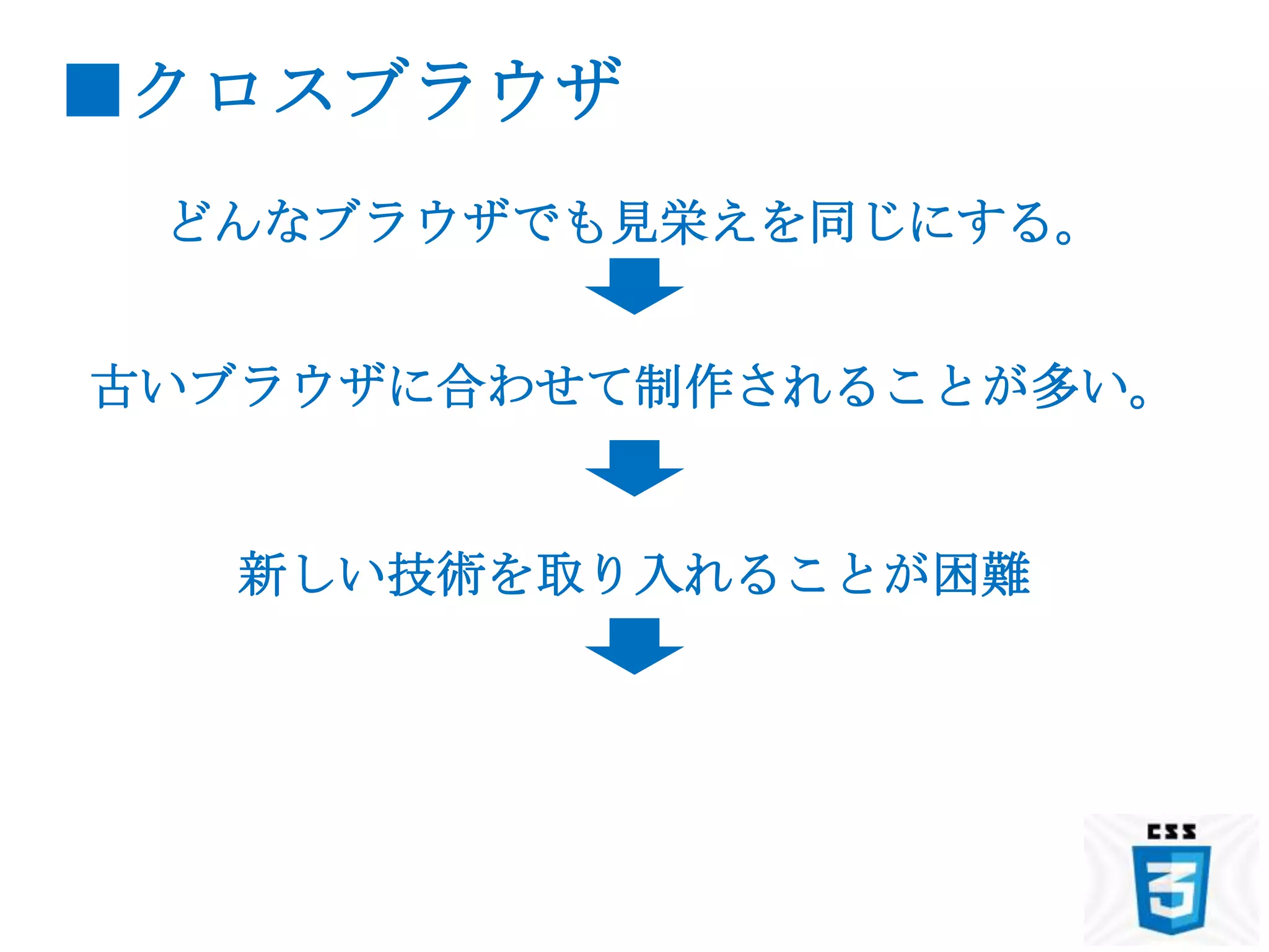 ■クロスブラウザ
 どんなブラウザでも見栄えを同じにする。


古いブラウザに合わせて制作されることが多い。


   新しい技術を取り入れることが困難
 