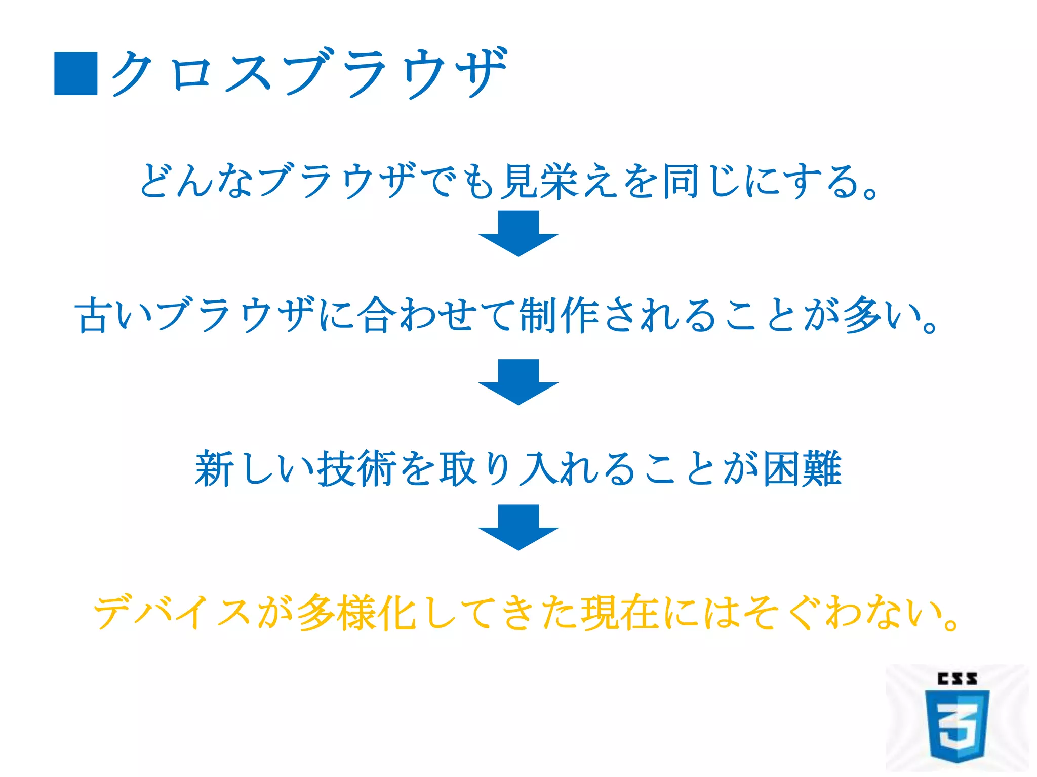 ■クロスブラウザ
 どんなブラウザでも見栄えを同じにする。


古いブラウザに合わせて制作されることが多い。


   新しい技術を取り入れることが困難


デバイスが多様化してきた現在にはそぐわない。
 