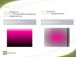 CSS3

white – Эхний өнгө                         #f09 – Эхний өнгө
#f09 20% - 20% дээр #f09 өнгө байрлана     transparent – Дараачийн өнгө
black – Дараачийн өнгө


linear-gradient (white, #f09 20%, black)   radial-gradient (#f09, transparent)
 