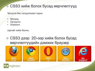   CSS3 хийж болох бусад өөрчлөлтүүд
Эргүүлж бас налуулахаас гадна

• Матриц
• Орчуулга
• Хэмжилт

зэргийг хийж болно.


   CSS3 дээр 2D-ээр хийж болох бусад
    өөрчлөлтүүдийн дэмжих браузер
 