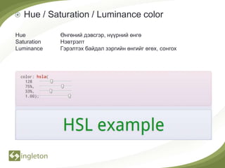    Hue / Saturation / Luminance color

Hue          Өнгөний дэвсгэр, нүүрний өнгө
Saturation   Нэвтрэлт
Luminance    Гэрэлтэх байдал зэргийн өнгийг өгөх, сонгох
 