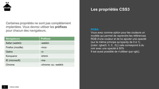 CSS & CSS313
Les propriétés CSS3
RGBA
Vous avez comme option pour les couleurs un
modèle qui permet de reprendre les références
RGB d'une couleur et de lui ajouter une opacité
(sur le même principe qu'opacity de 0 à 1).
{color: rgba(0, 0, 0, .5);} cela correspond à du
noir avec une opacité à 50%
Il est aussi possible de n'utiliser que rgb().
Navigateurs Préfixes
Safari (webkit) -webkit-
Firefox (mozilla) -moz-
Opéra -o-
Konqueror -khtml-
IE (microsoft) -ms-
Chrome -chrome- ou –webkit-
Certaines propriétés ne sont pas complètement
implantées. Vous devrez utiliser les préfixes
pour chacun des navigateurs.
 