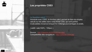 CSS & CSS317
Les propriétés CSS3
La fonction calc()
Introduite avec CSS3, la fonction calc() permet de faire de simples
calculs sur les tailles dans votre fichier CSS, qui sont parfois
incalculables d’avance lorsque l’on mélange pourcentages et pixels.
{ width: calc(100% - 100px); }
Source : http://maxime.sh/2013/02/css-calc/
Compatibilités des navigateurs : http://caniuse.com/calc
 