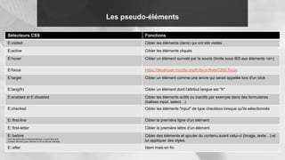 Les pseudo-éléments
Sélecteurs CSS Fonctions
E:visited Cibler les éléments (liens) qui ont été visités
E:active Cibler les éléments cliqués
E:hover Cibler un élément survolé par la souris (limite sous IE6 aux éléments <a>)
E:focus https://developer.mozilla.org/fr/docs/Web/CSS/:focus
E:target Cibler un élément comme une ancre qui serait appelée lors d'un click
E:lang(fr) Cibler un élément dont l'attribut langue est "fr"
E:enabled et E:disabled Cibler les éléments actifs ou inactifs par exemple dans des formulaires
(balises input, select…)
E:checked Cibler les éléments "input" de type checkbox lorsque qu'ils sélectionnés
E::first-line Cibler la première ligne d'un élément
E::first-letter Cibler la première lettre d'un élément
E::before
Pour récupérer des contenus d'attributs, on peut faire ainsi :
{content: attr(href);} pour afficher le l'url du lien par exemple.
Cibler des éléments et ajouter du contenu avant celui-ci (image, texte…) et
lui appliquer des styles
E::after Idem mais en fin
 