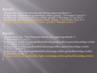 #grad {
background: red; /* For browsers that do not support gradients */
background: -webkit-linear-gradient(red, yellow, green); /* For Safari 5.1 to 6.0 */
background: -o-linear-gradient(red, yellow, green); /* For Opera 11.1 to 12.0 */
background: -moz-linear-gradient(red, yellow, green); /* For Firefox 3.6 to 15 */
background: linear-gradient(red, yellow, green); /* Standard syntax */
}
#grad {
background: red; /* For browsers that do not support gradients */
/* For Safari 5.1 to 6.0 */
background: -webkit-linear-gradient(left,red,orange,yellow,green,blue,indigo,violet);
/* For Opera 11.1 to 12.0 */
background: -o-linear-gradient(left,red,orange,yellow,green,blue,indigo,violet);
/* For Fx 3.6 to 15 */
background: -moz-linear-gradient(left,red,orange,yellow,green,blue,indigo,violet);
/* Standard syntax */
background: linear-gradient(to right, red,orange,yellow,green,blue,indigo,violet);
}
 