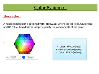 Color System :
Hexa color :
A hexadecimal color is specified with: #RRGGBB, where the RR (red), GG (green)
and BB (blue) hexadecimal integers specify the components of the color.
• Color : #ff0000 (red);
• Color : # 00ff00 (green);
• Color : #ffff00 (Yellow);
 