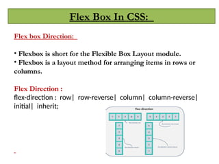 Flex Box In CSS:
Flex box Direction:
• Flexbox is short for the Flexible Box Layout module.
• Flexbox is a layout method for arranging items in rows or
columns.
Flex Direction :
flex-direction : row| row-reverse| column| column-reverse|
initial| inherit;
 