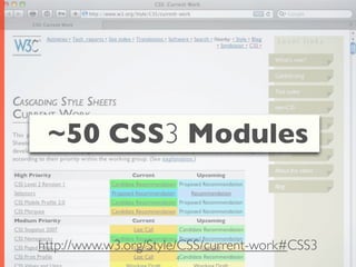~50 CSS3 Modules


http://www.w3.org/Style/CSS/current-work#CSS3
                      4
 