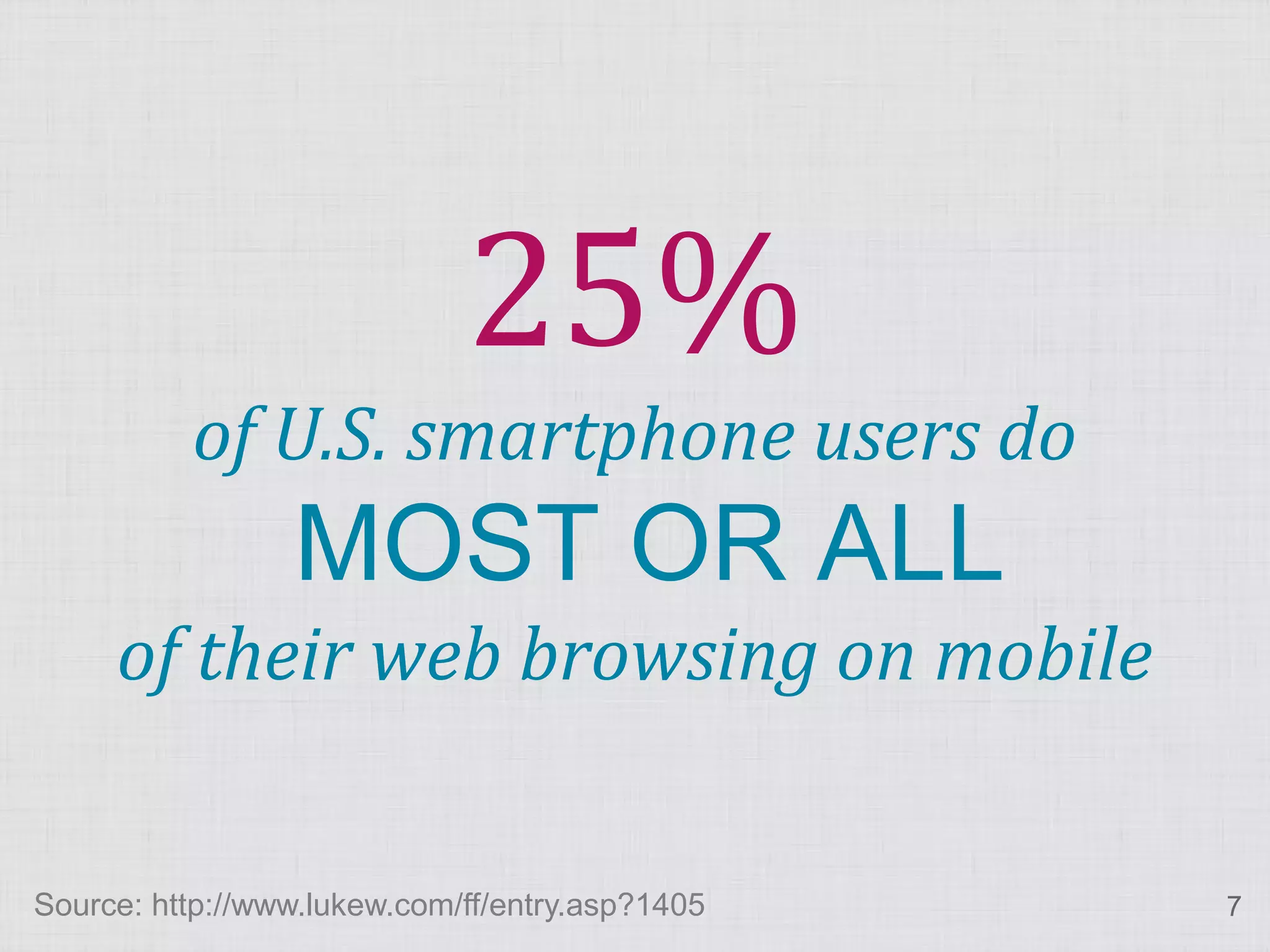 25% of U.S. smartphone users do MOST OR ALL of their web browsing on mobile Source: http://www.lukew.com/ff/entry.asp?1405 7 