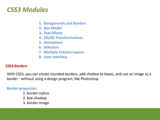 CSS3 Borders
CSS3 Modules
1. Backgrounds and Borders
2. Box Model
3. Text Effects
4. 2D/3D Transformations
5. Animations
6...
