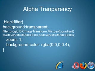 Alpha Tranparency.blackfilter{background:transparent;filter:progid:DXImageTransform.Microsoft.gradient( startColorstr=#99000000,endColorstr=#99000000);   zoom: 1;   background-color: rgba(0,0,0,0.4);}