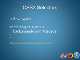 CSS3 Selectors:nth-of-type()tr:nth-of-type(even) td{   background-color: #dedede;}http://www.standardista.com/sandbox/nthoftype.html