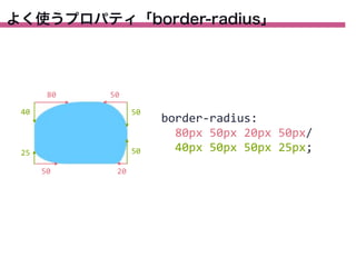 よく使うプロパティ「border-radius」

80

50

40

50

25

50
50

20

border-­‐radius:
	
  	
  80px	
  50px	
  20px	
  50px/
	
  	
  40px	
  50px	
  50px	
  25px;

 