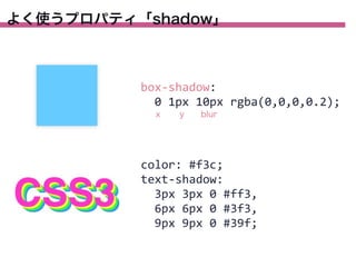 よく使うプロパティ「shadow」

box-­‐shadow:
	
  	
  0	
  1px	
  10px	
  rgba(0,0,0,0.2);
x

y

blur

color:	
  #f3c;
text-­‐shadow:
	
  	
  3px	
  3px	
  0	
  #ff3,
	
  	
  6px	
  6px	
  0	
  #3f3,
	
  	
  9px	
  9px	
  0	
  #39f;

 