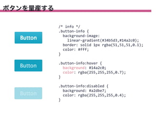 ボタンを量産する
/*	
  info	
  */
.button-­‐info	
  {
	
  	
  background-­‐image:
	
  	
  	
  	
  linear-­‐gradient(#34b5d3,#14a2c0);
	
  	
  border:	
  solid	
  1px	
  rgba(51,51,51,0.1);
	
  	
  color:	
  #fff;
}
.button-­‐info:hover	
  {
	
  	
  background:	
  #14a2c0;
	
  	
  color:	
  rgba(255,255,255,0.7);
}
.button-­‐info:disabled	
  {
	
  	
  background:	
  #a2dbe7;
	
  	
  color:	
  rgba(255,255,255,0.4);
}

 