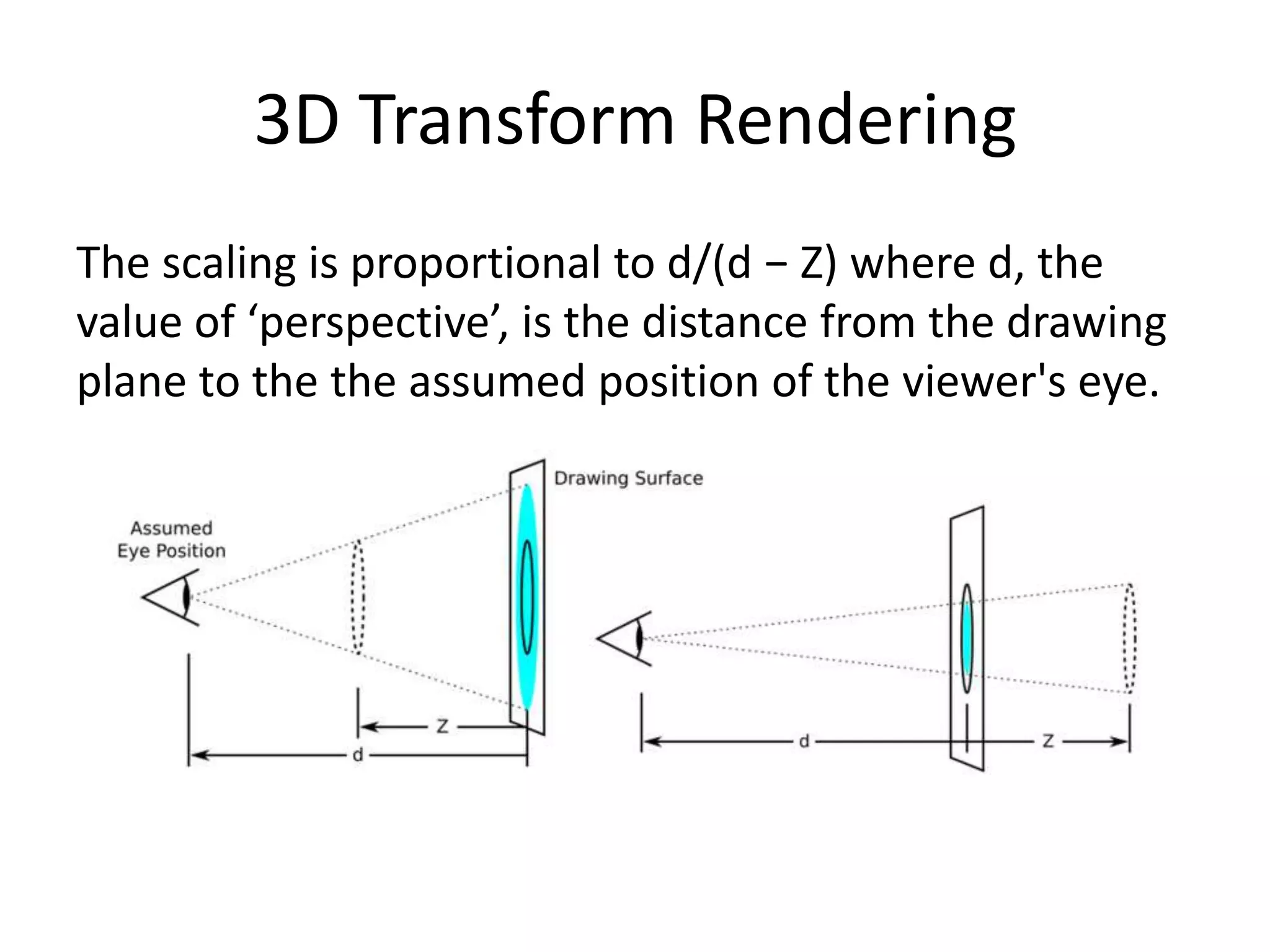 3D Transform Rendering
The scaling is proportional to d/(d − Z) where d, the
value of ‘perspective’, is the distance from the drawing
plane to the the assumed position of the viewer's eye.
 