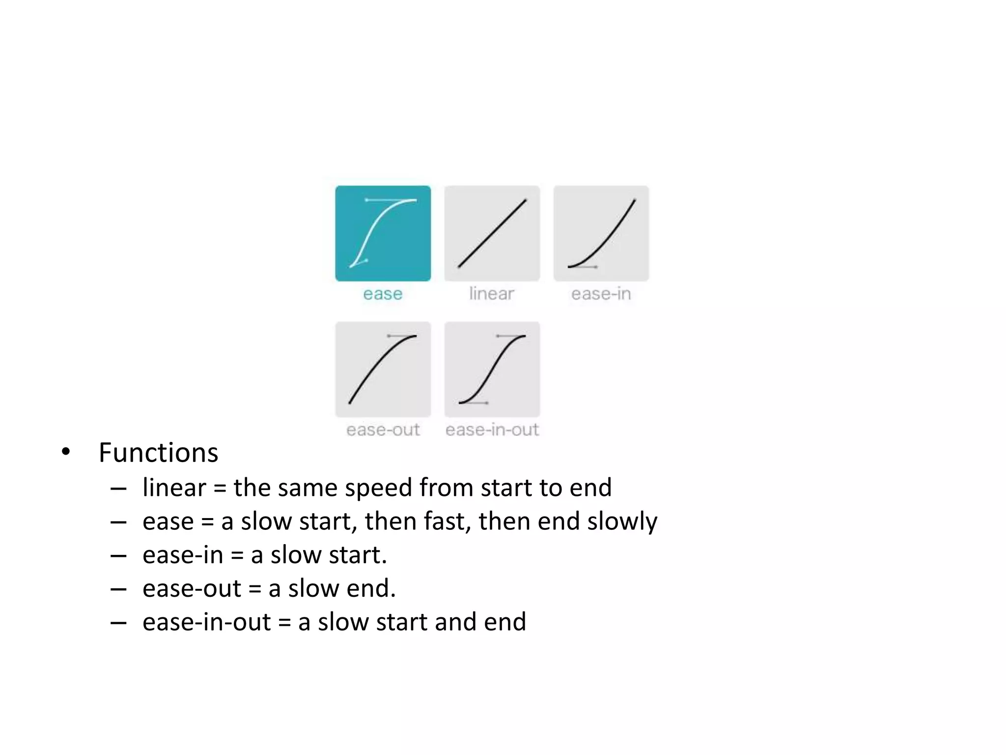 • Functions
   –   linear = the same speed from start to end
   –   ease = a slow start, then fast, then end slowly
   –   ease-in = a slow start.
   –   ease-out = a slow end.
   –   ease-in-out = a slow start and end
 