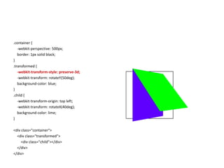 .container {
   -webkit-perspective: 500px;
   border: 1px solid black;
}
.transformed {
   -webkit-transform-style: preserve-3d;
   -webkit-transform: rotateY(50deg);
   background-color: blue;
}
.child {
   -webkit-transform-origin: top left;
   -webkit-transform: rotateX(40deg);
   background-color: lime;
}

<div class="container">
  <div class="transformed">
     <div class="child"></div>
  </div>
</div>
 