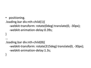 • positioning.
.loading.bar div:nth-child(1){
   -webkit-transform: rotate(0deg) translate(0, -30px);
   -webkit-animation-delay:0.39s;
}
…
.loading.bar div:nth-child(8){
   -webkit-transform: rotate(315deg) translate(0, -30px);
   -webkit-animation-delay:1.3s;
}
 