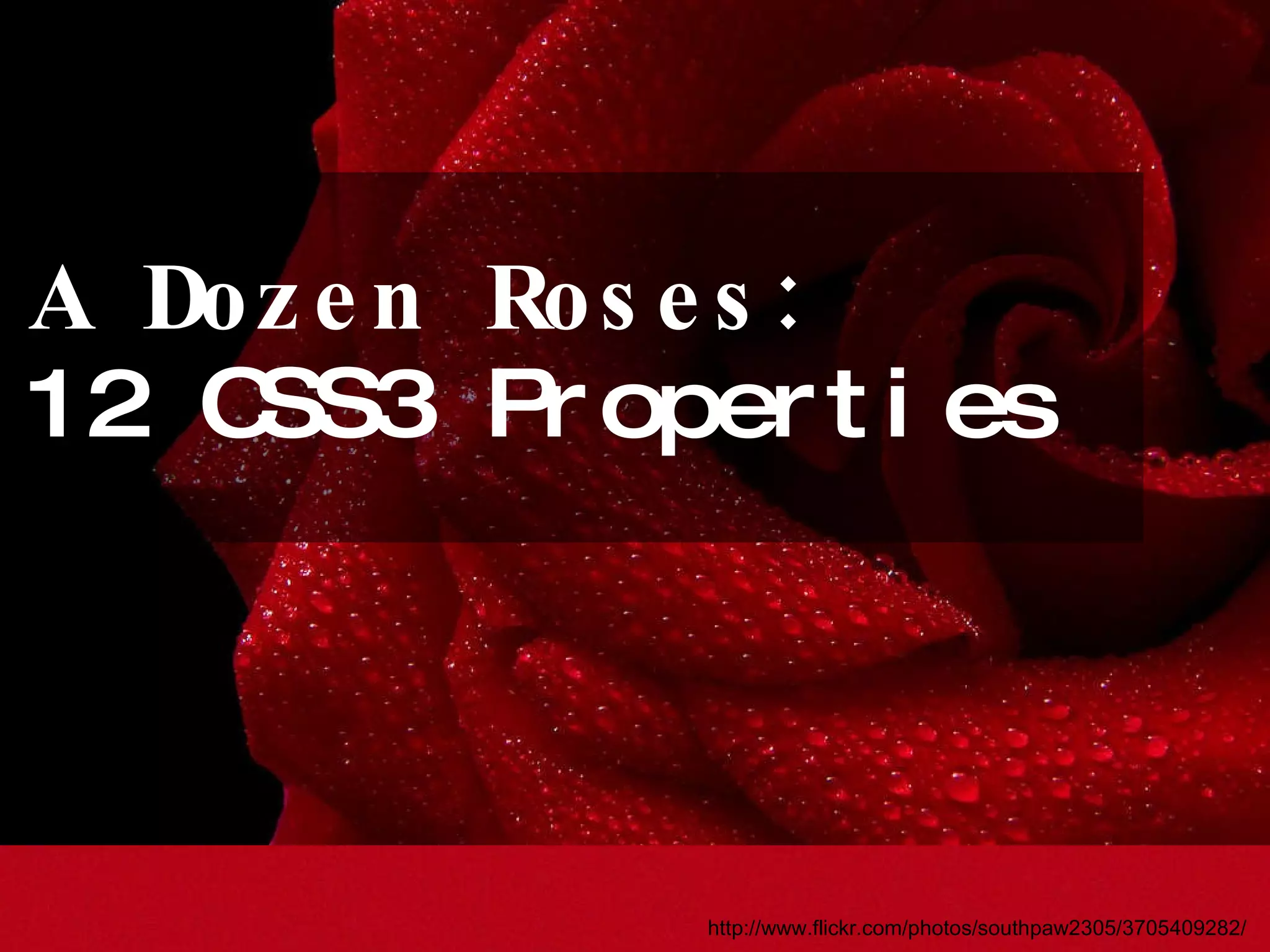 A Dozen Roses: 12 CSS3 Properties http://www.flickr.com/photos/southpaw2305/3705409282/ 